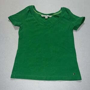 Tommy Hilfiger Green V-Neck Women M Short Sleeve Stretch Cotton Blend Ribbed Kni
